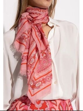 Etro paisley print rose pink frayed edge scarf cashmere silk wool